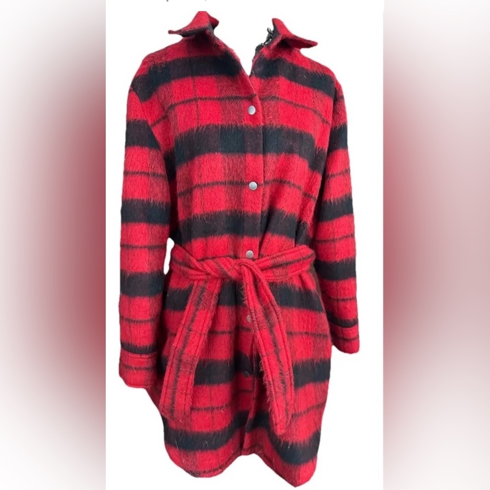 BB Dakota Red and Black Plaid Trench Coat